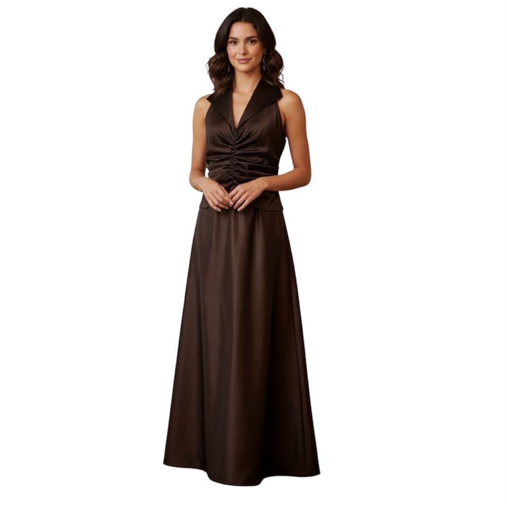 Tadashi Vintage Ruched Taffeta Gown Chocolate Brown Maxi Size 12 Wedding Goth
